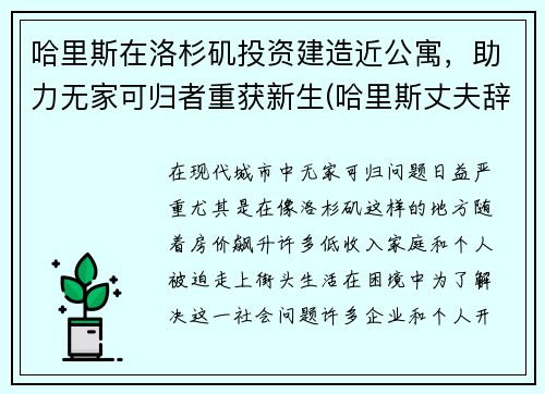 哈里斯在洛杉矶投资建造近公寓，助力无家可归者重获新生(哈里斯丈夫辞职)