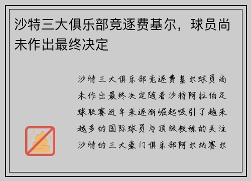 沙特三大俱乐部竞逐费基尔，球员尚未作出最终决定